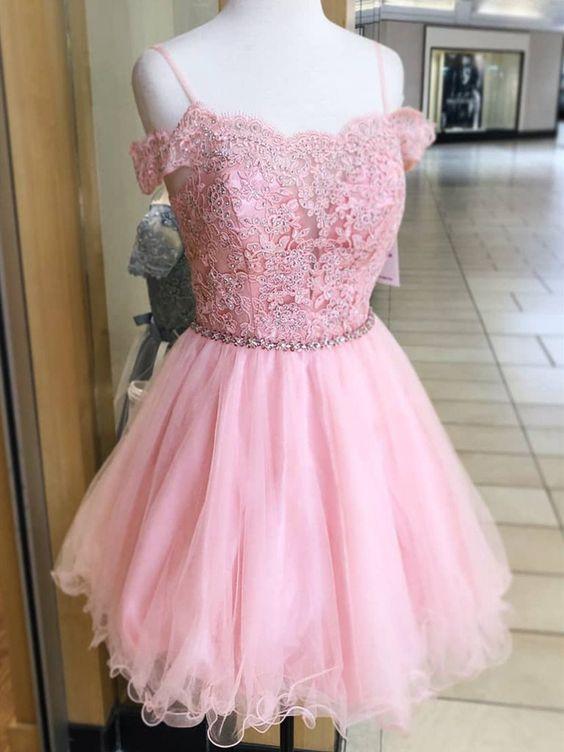 Off Shoulder Short Off Shoulder Formal Graduation Evening Lace Pink Homecoming Dresses A Line Diana Dresses CD21340