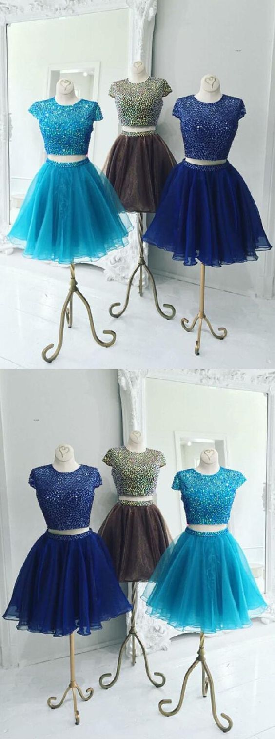 Beautiful Two Piece Stunning Two Piece Jewel Cap Sleeves Kaylynn Royal Blue Homecoming Dresses Short Organza CD2135