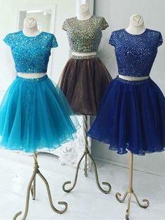 Beautiful Two Piece Stunning Two Piece Jewel Cap Sleeves Kaylynn Royal Blue Homecoming Dresses Short Organza CD2135