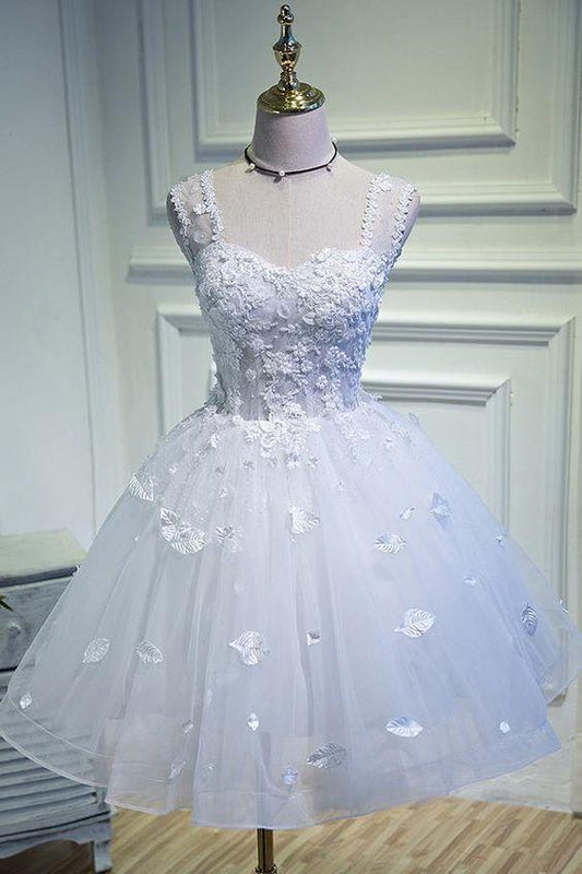 Simple Sweetheart White Homecoming Dresses Lace Teresa Up Beads Appliques Tulle Straps XXA21485