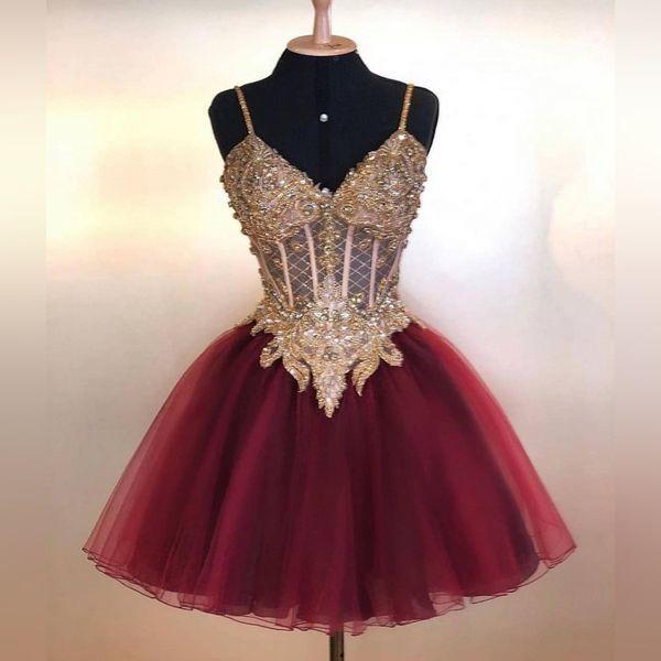 Short Burgundy Beads Homecoming Dresses Alula Lace Gowns CD21528