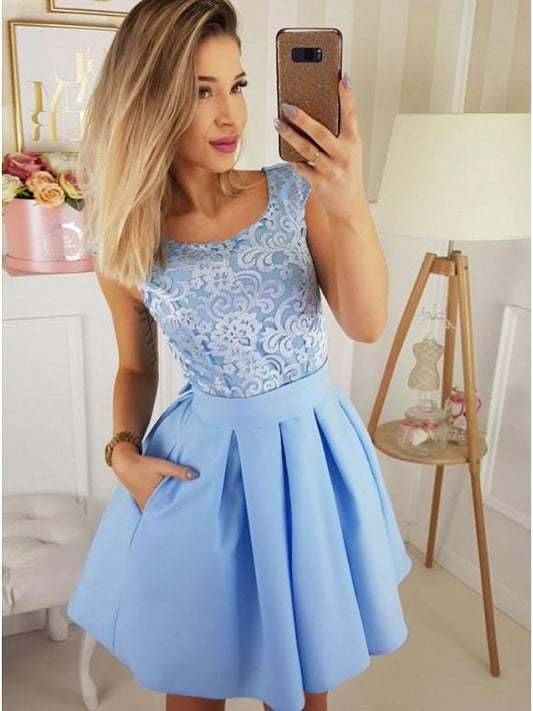 A-Line Round Neck Homecoming Dresses Lace Allyson Short Light Blue With Pockets XXA2213