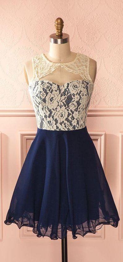 Cute Dark Navy Open Back Short Formal Dresses Homecoming Dresses Amy Lace XXA22283