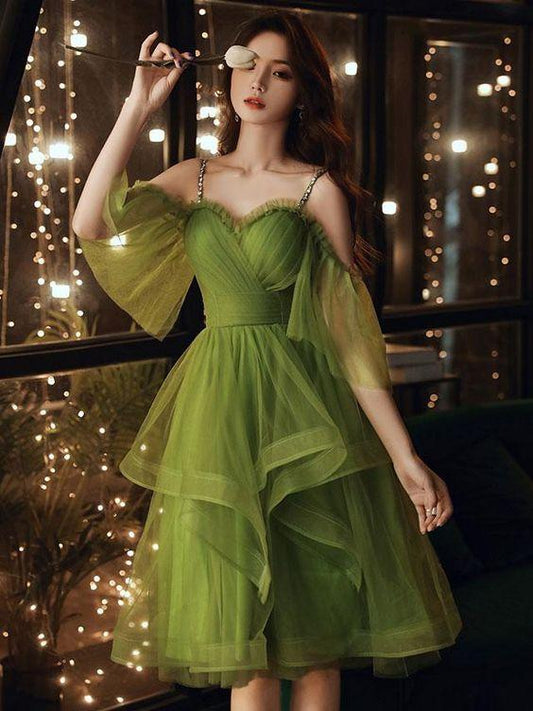 Green Tulle Lola Homecoming Dresses Short Layers Straps Short Party Dress Cute Short Green XXA22336