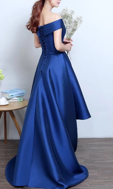 Blue High Low Simple -Up Formal Homecoming Dresses Jaelyn Lace Satin Dress XXA2247