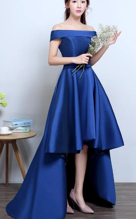 Blue High Low Simple -Up Formal Homecoming Dresses Jaelyn Lace Satin Dress XXA2247