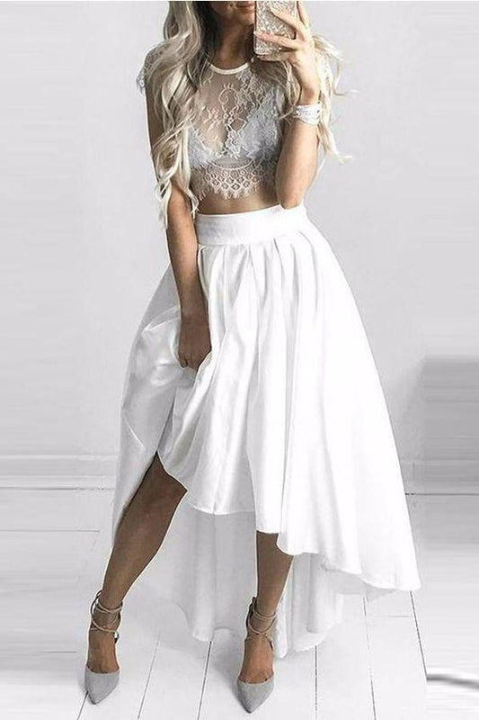 Homecoming Dresses Two Pieces Hedwig Lace Classy White High Low CD22538