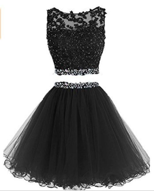 Short Beaded Two Pieces Meredith Homecoming Dresses Party Dresses Tulle Applique CD2255