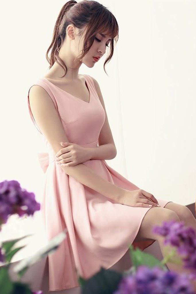 Cute V Neck Open Back Short V Neck Satin Adison Pink Homecoming Dresses Formal Graduation Evening Dress XXA22584