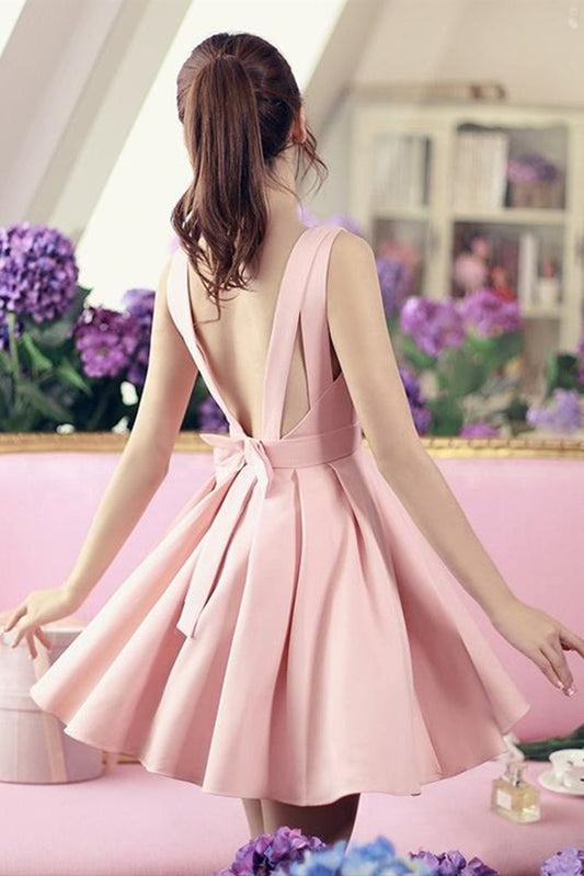 Cute V Neck Open Back Short V Neck Formal Graduation Evening Karla Satin Pink Homecoming Dresses Dress CD22584