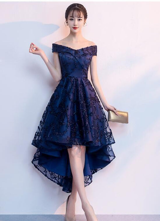 Navy Blue High Low Chic Beautiful Homecoming Dresses Lace Tatum Party Dresses XXA22627