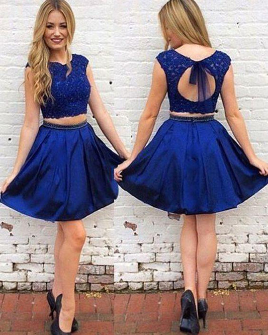 Two Piece Homecoming Dresses Royal Blue Thelma Lace Satin Bodice CD2262