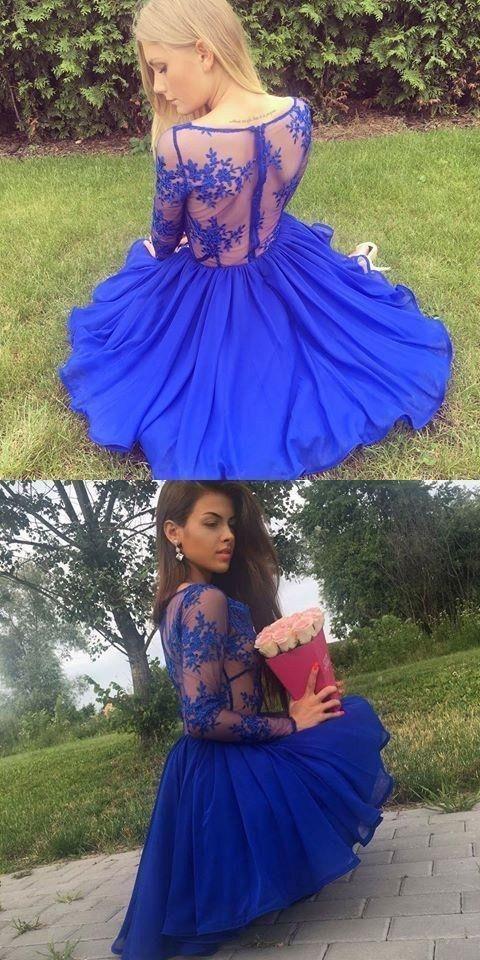 Royal Blue Ida Chiffon Homecoming Dresses A-Line Deep V-Neck Long Sleeves Short XXA22698