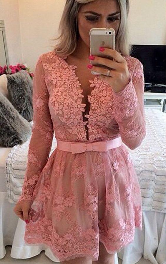 Long Sleeves V Neck Formal Lace Homecoming Dresses Pink Lilith Evening Gown XXA22734