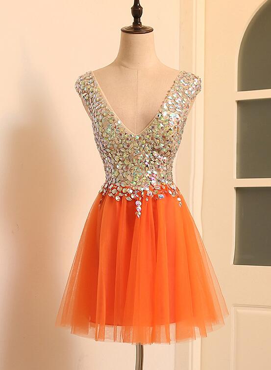 A-Line Homecoming Dresses Yamilet V-Neckline Short Tulle Beaded Orange Tulle Short Party Dress XXA22785