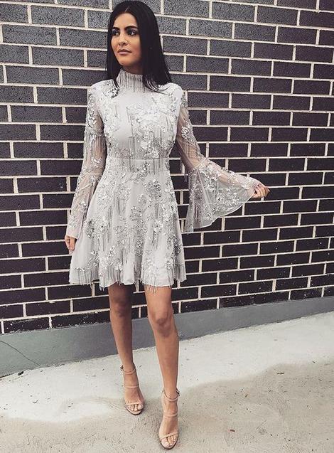 A-Line Nina Homecoming Dresses Lace High Neck Short Grey With Long Sleeves XXA22812