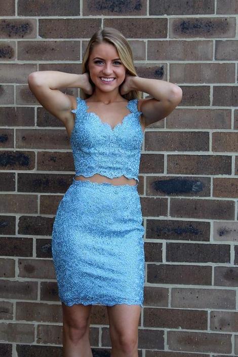 Two Piece Blue Tight Lace Homecoming Dresses Brenna Short Sheath CD22871