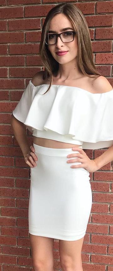 Sexy Two Piece Off Reagan Homecoming Dresses The Shoulder Short White Tight CD22881