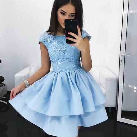 A-Line Bateau Cap Lace Homecoming Dresses Urania Satin Sleeves Light Sky Blue With XXA22923