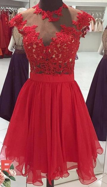 Homecoming Dresses Carissa Lace Red With Appliques Beaded High Collar Graduation Party Gowns XXA22924