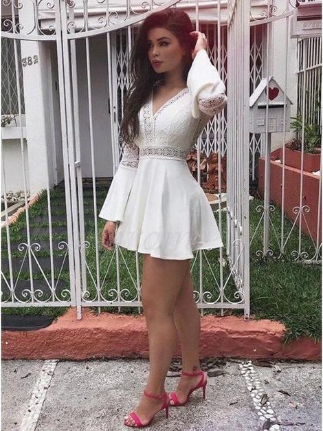 A-Line V-Neck Bell Sleeves Short Liz Homecoming Dresses Lace White With XXA22942