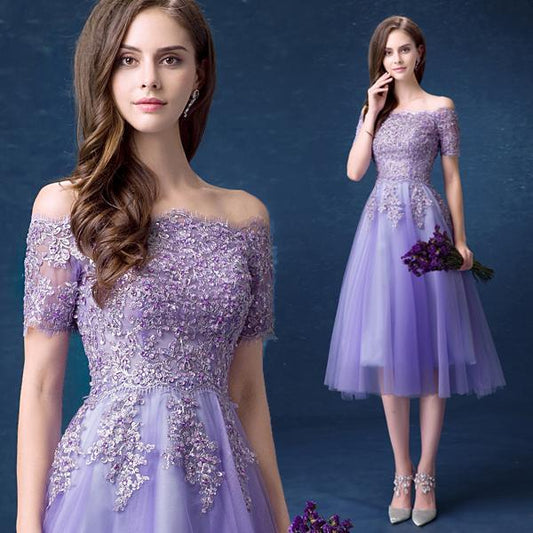 Lavender Tulle Short Applique Beaded Off Shoulder Party Dress Lace Homecoming Dresses Laila Short XXA23216