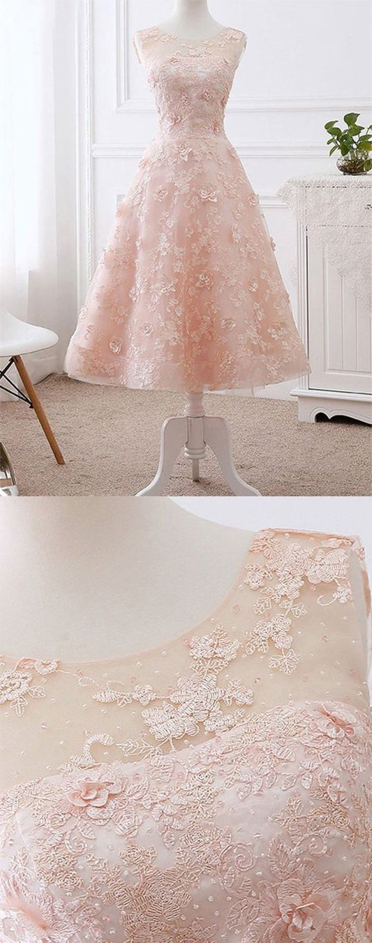 Elegant A-Line Scoop Neck Lorna Homecoming Dresses Pink Lace Tea Length Short XXA23294