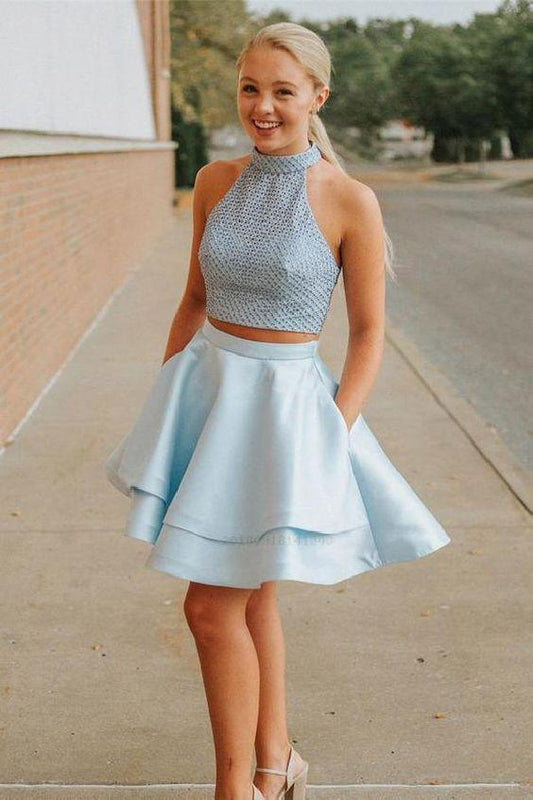 Halter Sleeveless Backless Blue Nell Two Pieces Homecoming Dresses Short CD232