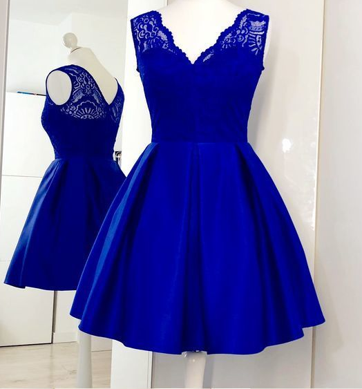 Charming Royal Blue Homecoming Dresses Satin Mariana Lace Cute Short CD233