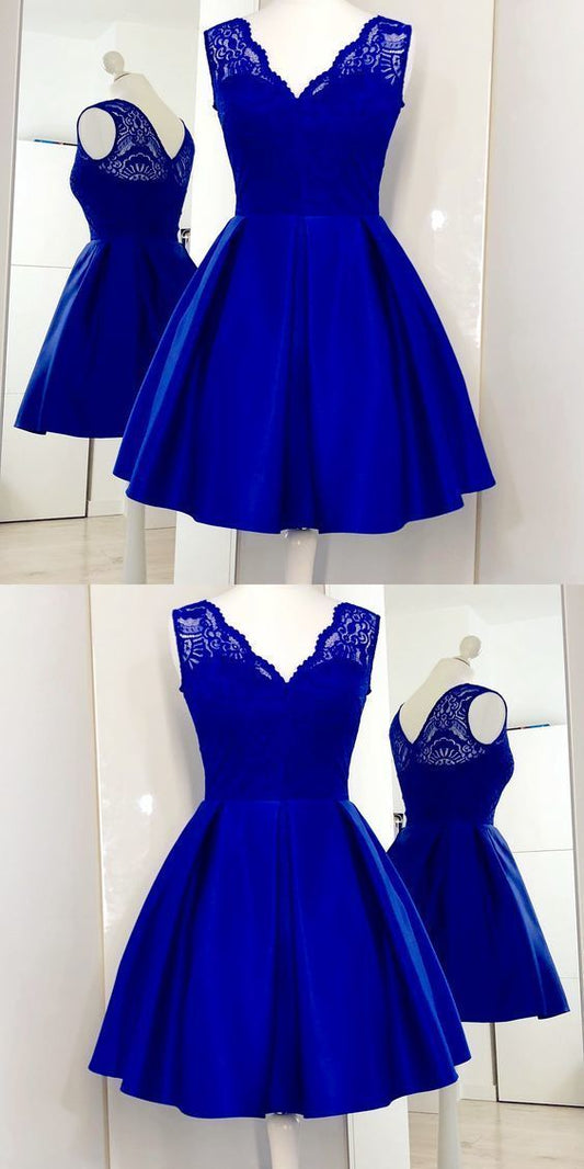 Charming Royal Blue Homecoming Dresses Satin Mariana Lace Cute Short CD233