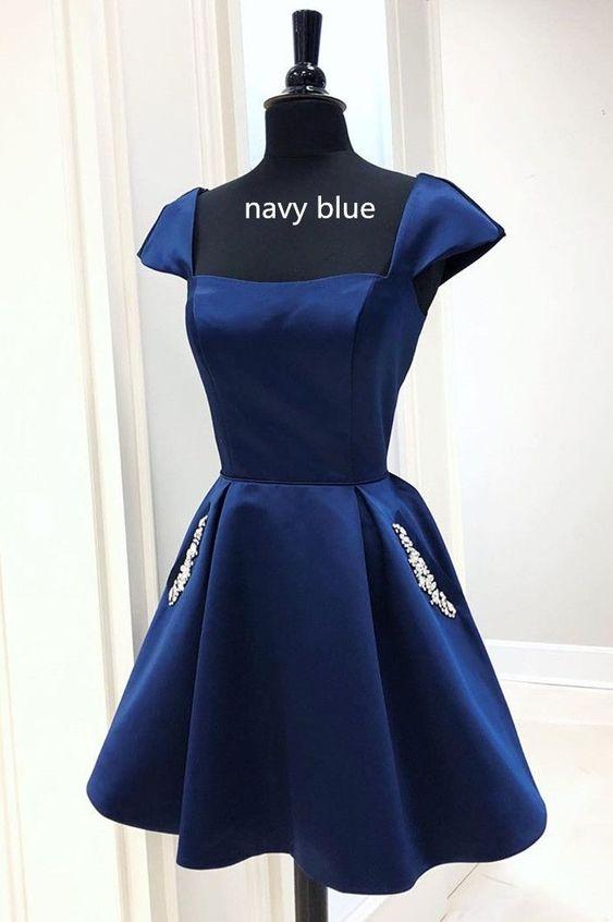 Navy Blue Kaylee Homecoming Dresses Satin Short A-Line With Cap Sleeves And Beaded Pockets XXA23512