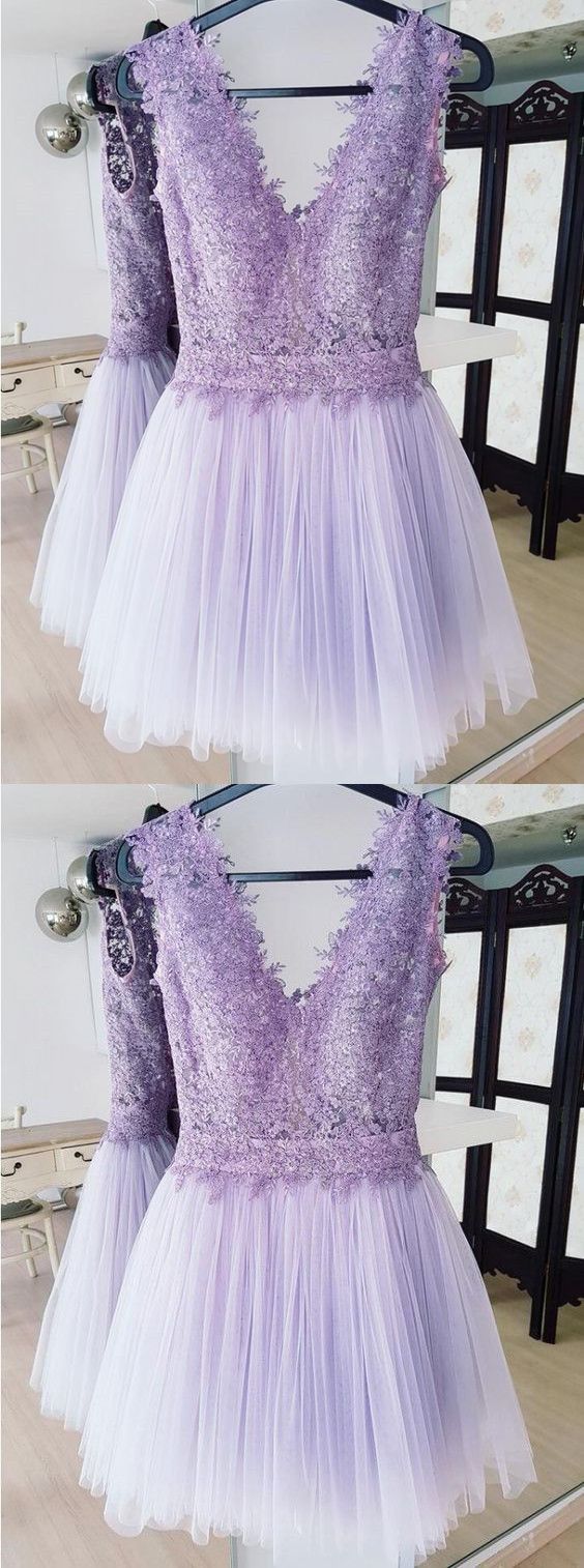 A-Line Deep V-Neck Backless Lilac Short Addisyn Homecoming Dresses Lace With XXA23542