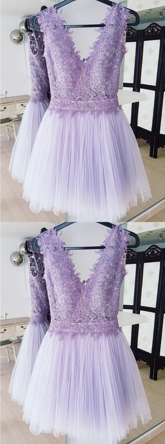 A-Line Deep V-Neck Backless Lilac Short Addisyn Homecoming Dresses Lace With XXA23542