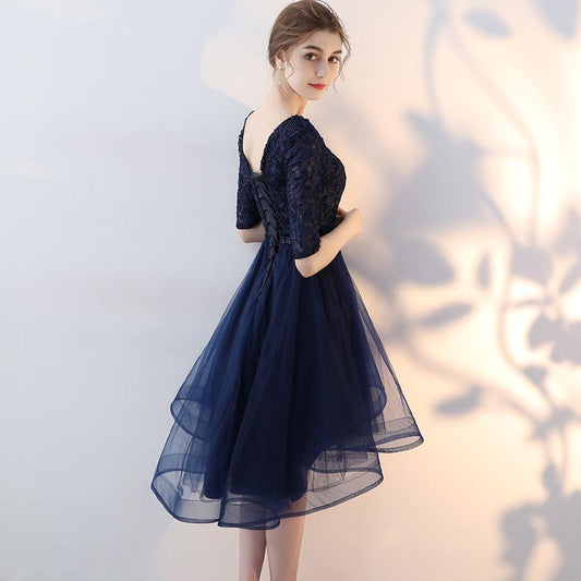 Navy Blue Khloe Homecoming Dresses Lace And Tulle Short Sleeves Party Dress XXA23555