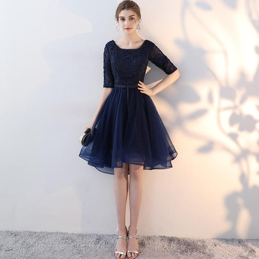 Navy Blue Khloe Homecoming Dresses Lace And Tulle Short Sleeves Party Dress XXA23555