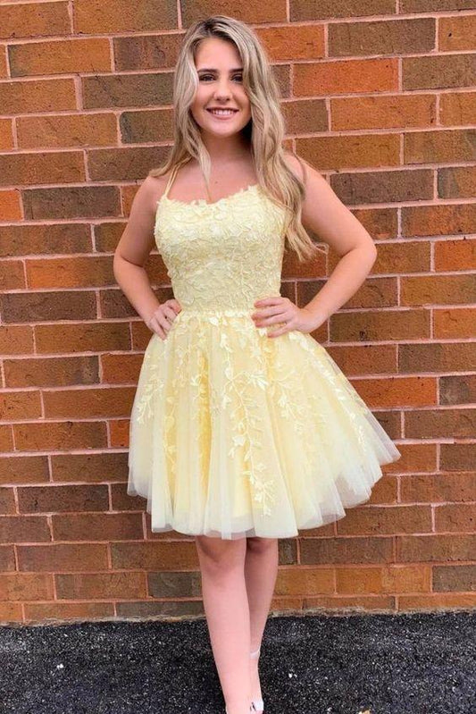 Short Yellow A-Line Appliqued Birthday Lace Homecoming Dresses Riley Party Dress With Straps XXA23730