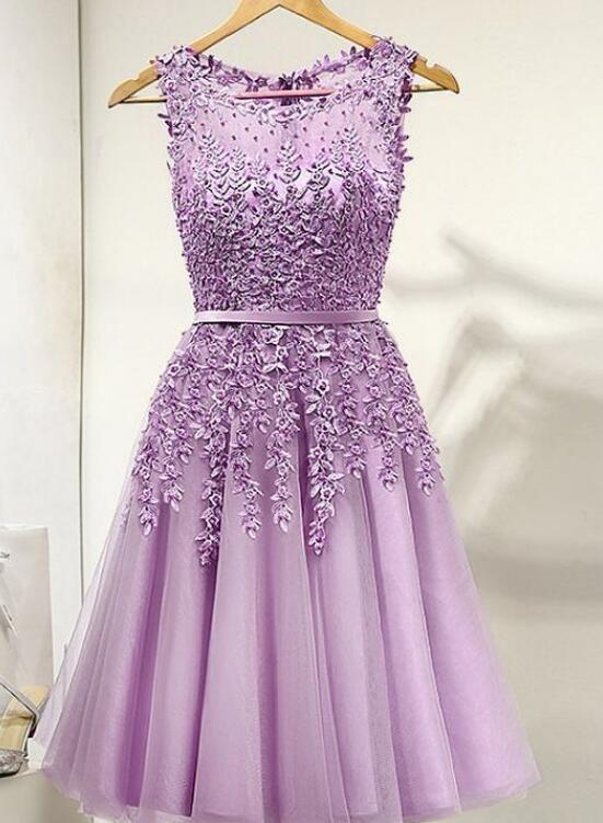 Purple Round Neckline Tulle Short Beaded Knee Lace Sibyl Homecoming Dresses Length XXA23746