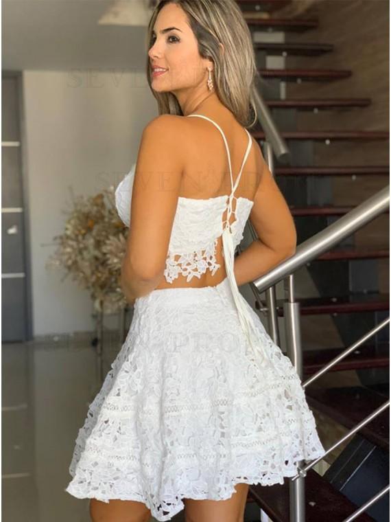 Danica Homecoming Dresses Lace Two Piece Spaghetti Straps Short White CD23868