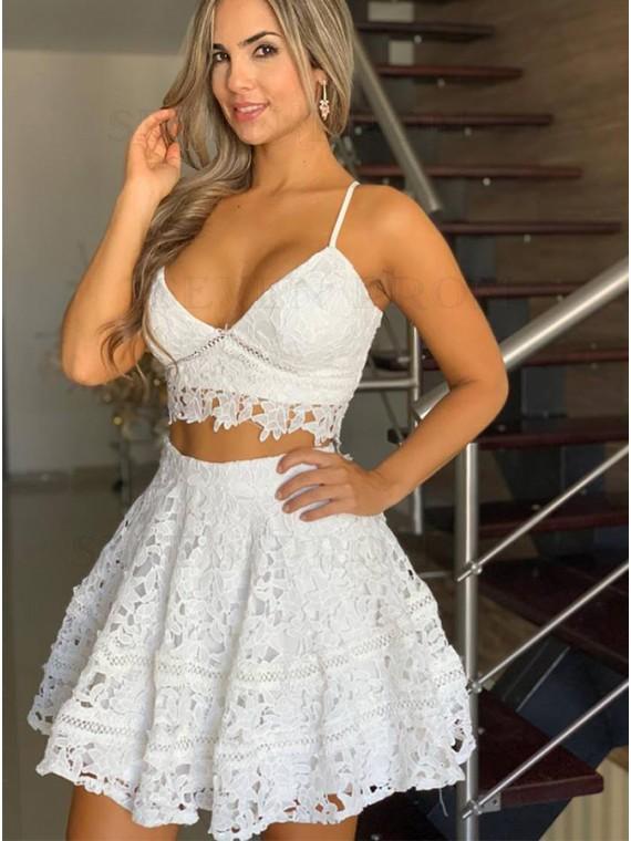 Danica Homecoming Dresses Lace Two Piece Spaghetti Straps Short White CD23868