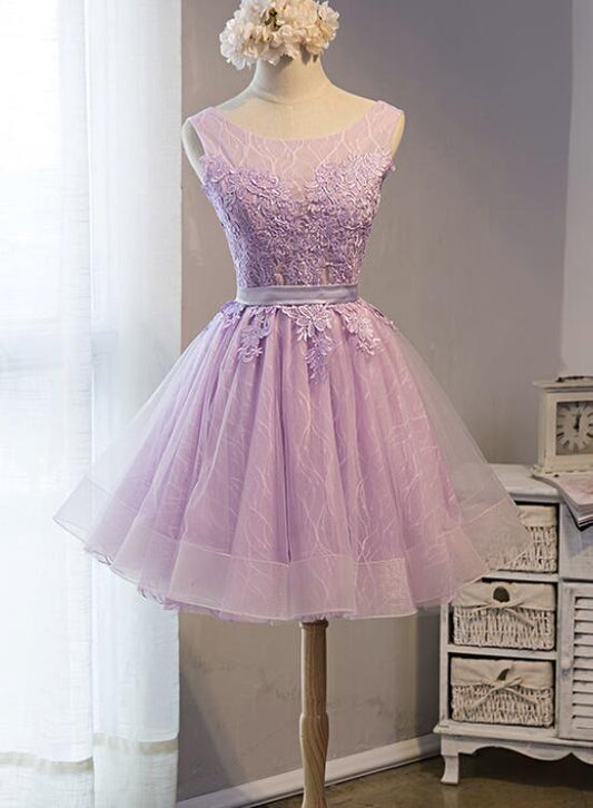 Light Purple Short Tulle Cute Round Neckline Cierra Homecoming Dresses Lace Short Formal Dress XXA23915