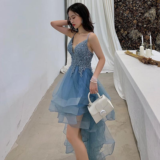 Blue High Low Layers Tulle With Homecoming Dresses Lace Rubi Applique Party Dresses Blue XXA23950