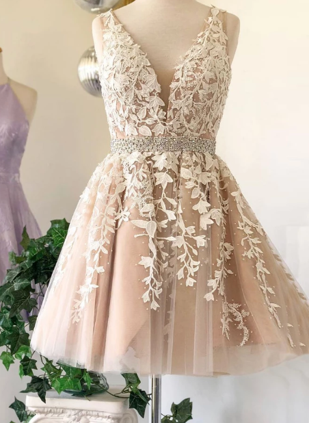 CHAMPAGNE V NECK TULLE LACE SHORT DRESS Sibyl Homecoming Dresses CHAMPAGNE XXA2398