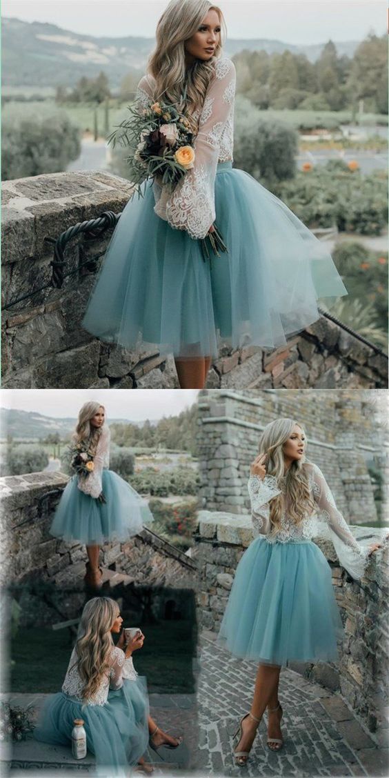 Cheap Lace Homecoming Dresses Two Pieces Evangeline Tulle And Blue Short Dress CD24