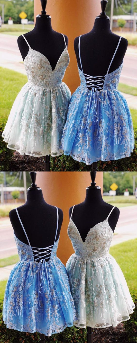 Unique Blue Formal Back Lace A Line Baylee Homecoming Dresses To School Dresses XXA2408