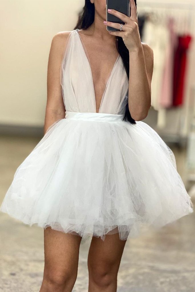 V Neck White Hailee Homecoming Dresses White Formal Graduation Evening Dress XXA24104