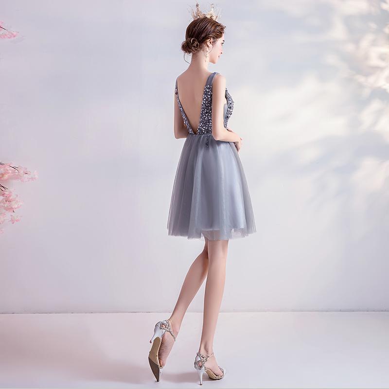 Sliver-Grey Beaded Short Tulle New Party Dress Grey V-Neckline Homecoming Dresses Ina Short Formal Dress XXA24152