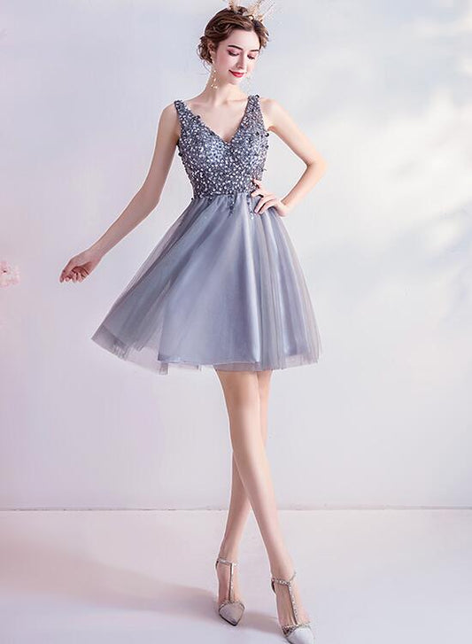 Sliver-Grey Beaded Short Tulle New Party Dress Grey V-Neckline Homecoming Dresses Ina Short Formal Dress XXA24152