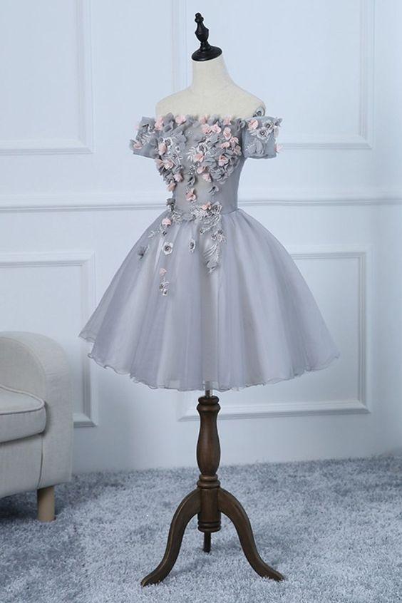 Off The Shoulder Short Homecoming Dresses Skye A-Line Grey Party Dress With 3D Flowers XXA24235