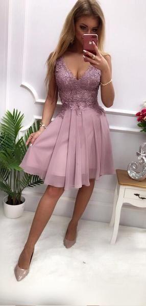 Dusty Purple V Neck Homecoming Dresses A Line Kamryn Chiffon Lace Applique Short XXA24278