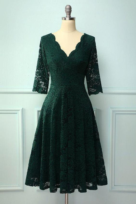 3/4 Homecoming Dresses Trudie Lace Sleeves Formal Dress With Green V Neck XXA24288